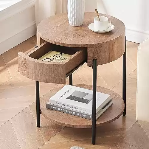 IDEALHOUSE Round End Table Wood Side Table with Drawer Farmhouse Circle End Tables Accent Bedside Table Metal Frame Small Nightstand for Living Room, Bedroom and Small Spaces, Easy Assembly (Natural)