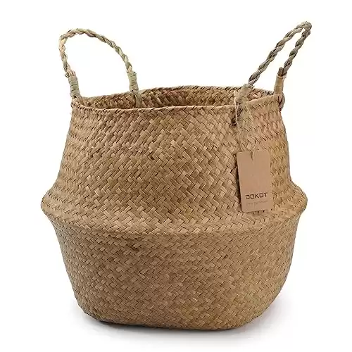 DOKOT Seagrass Plant Basket with Handles, Wicker Woven Storage Basket, 9.5inch Diameter x 11inch Height