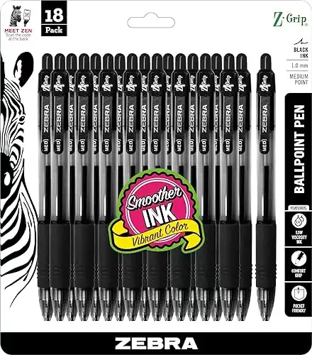 Zebra Pen Z-Grip Retractable Ballpoint Pen, Medium Point, Black Ink, 18-Pack, Model Number: 22218