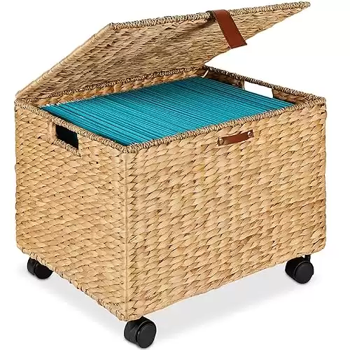 Best Choice Products Water Hyacinth Rolling Filing Cabinet, Woven Mobile Storage Basket, Portable File Organizer for Legal & Letter Size Memos w/Lid, 4 Locking Wheels - Natural