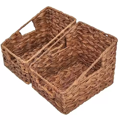 GRANNY SAYS Wicker Storage Baskets for Shelves, Trapezoid Woven Basket with Handles, Waterproof Storage Wicker Baskets for Organizing Pantry Cabinet, Caramel Orange, 2-Pack