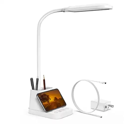 AXX White Desk Lamp, Gooseneck LED Desk Lamp for Kids - Desk Lights for Home Office - USB Charging Port, 650LM, Modern, Pen Holder - Reading Lamp for Bedroom Study Lamp for College Dorm Room