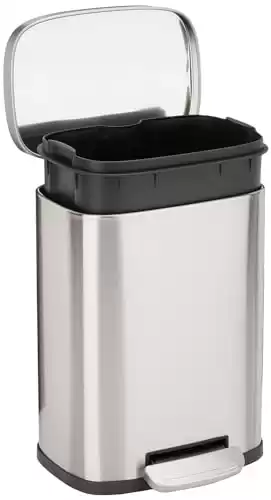 Amazon Basics Smudge Resistant Small Rectangular Trash Can With Soft-Close Foot Pedal, Brushed Stainless Steel, 5 L /1.32 Gallon, Satin Nickel Finish, 7.3 x 8.5 x 11.8 inches (LxWxH)