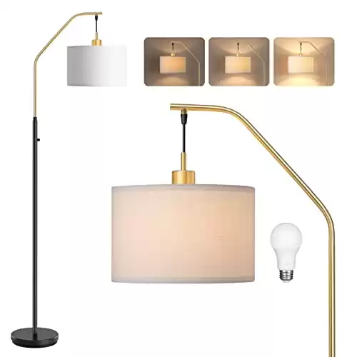 DEWENWILS Modern Gold Arched Floor Lamp, Stepless Dimmable Standing Tall Light with Hanging Shade, Corner Arc Reading Lamp for Living Room, Bedroom, Office, Bright 10W LED Bulb Included (Gold)