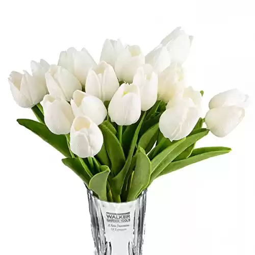 HoveBeaty Artificial Tulips Bridal Wedding Festival Decor Bouquet Real Touch PU Flower Bouquet Pack of 20 (White)