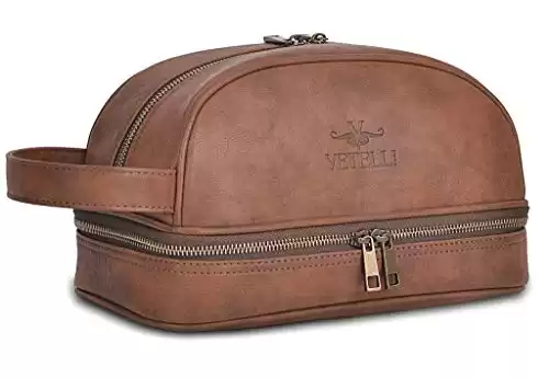 Vetell Classic Leather Men's Travel Toiletry Bag and Dopp Kit with Upper and Lower Zippered Compartments, 2 Mesh Bottle Pouches and Carrying Handle