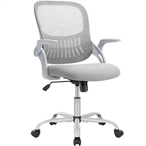 Sweetcrispy Office Computer Desk Chair, Ergonomic Mid-Back Mesh Rolling Work Swivel Task Chairs with Wheels, Comfortable Lumbar Support, Comfy Flip-up Arms for Home, Bedroom, Study, Student, Grey