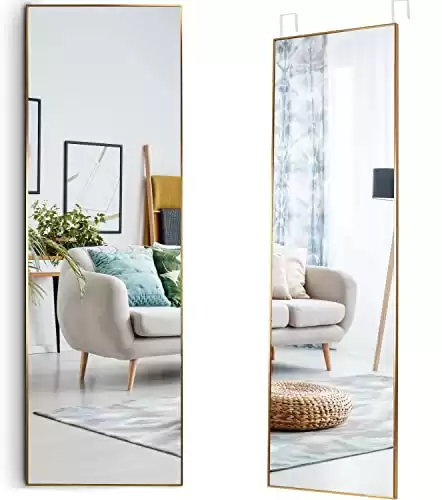 Mirrotek - Full Length Adjustable Over The Door Mirror Gold Aluminum Finish - Hanging Instant Install Long Full Body Mirror for Bedroom, Dorm Room