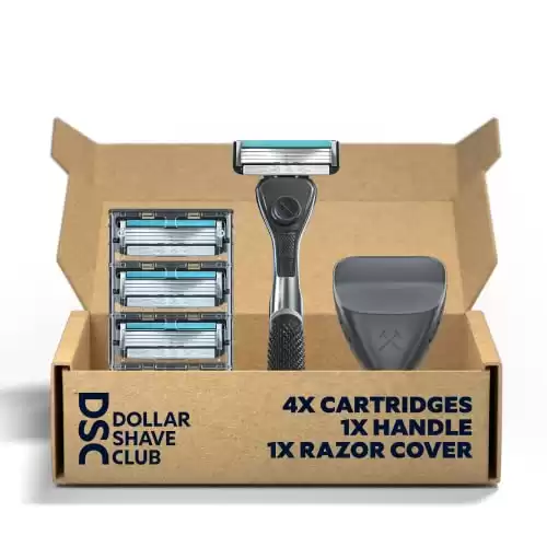 Dollar Shave Club – Shaving Kit with Diamond Grip Razor Handle, 4-Blade Blade Refills, & Blade Cover, Easy to Grip Handle, for Travel, Blue