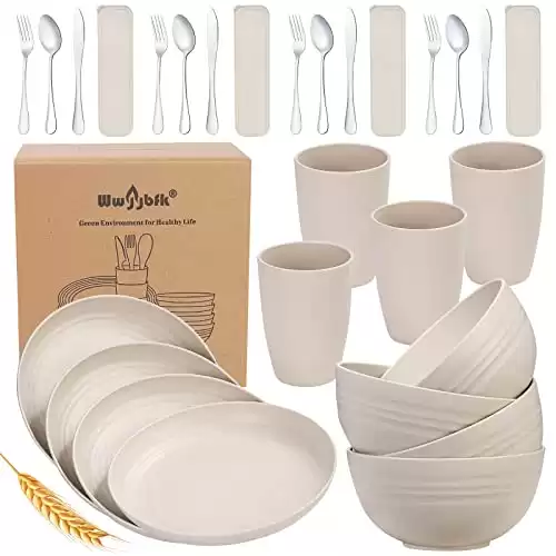 28PCS Kitchen Wheat Streaw Dinnerware Sets for 4, Wheat Straw Plates and Bowls Sets, College Dorm Dinnerware Dishes Set for 4 with Cutlery Set (Beige)
