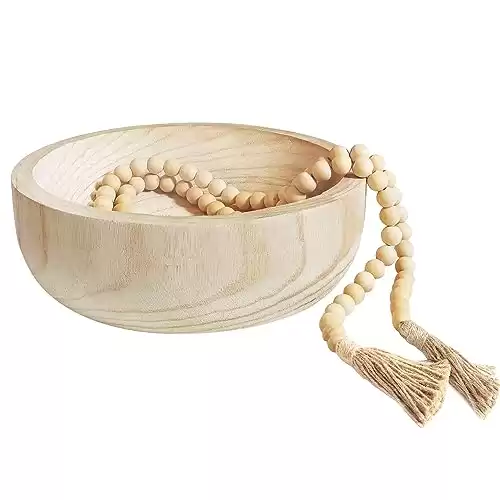 LEJHOME Wood Bowl, Rustic Farmhouse Decorative Bowl with Wood Bead Garland, 10.6in Wooden Serving Dough Fruit Key Bowl for Tabletop Centerpiece Boho Home Decor