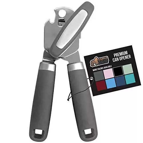 Gorilla Grip The Original Heavy Duty Stainless Steel Smooth Edge Manual Hand Held Can Opener With Soft Touch Handle, Rust Proof Oversized Handheld Easy Turn Knob, Large Lid Openers, Gray