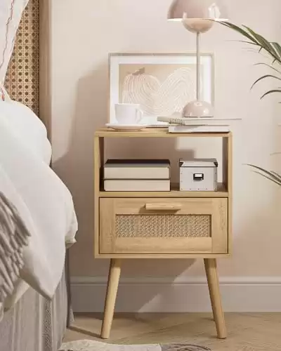 Aobafuir Nightstands, End Table, Rattan Nightstand, Side Table with Hand Made Rattan Decorated Drawers, Wood Accent Table with Storage for Bedroom