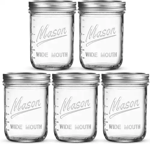 SEWANTA Wide Mouth Mason Jars 16 oz [5 Pack] With mason jar lids and Bands, mason jars 16 oz - For Canning, Fermenting, Pickling - Jar Décor - Microwave/Freeze/Dishwasher Safe.