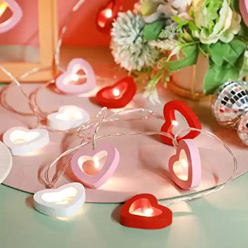 Valentine's Day Wooden Heart String Lights LED Fairy Lights Hanging Wood Love Lights Lamp Battery Operated Valentine's Day Decorations for Bedroom Festival Birthday Wedding (Red White Pink,2...