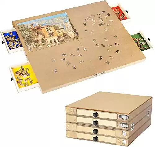 Foldable 1000 Piece Wooden Jigsaw Puzzle Board | 30” X 24” Portable Puzzle Table | Patent Pending | 4 Colorful Trays for Sorting | Complete Puzzle Accessories for Adults and Kids