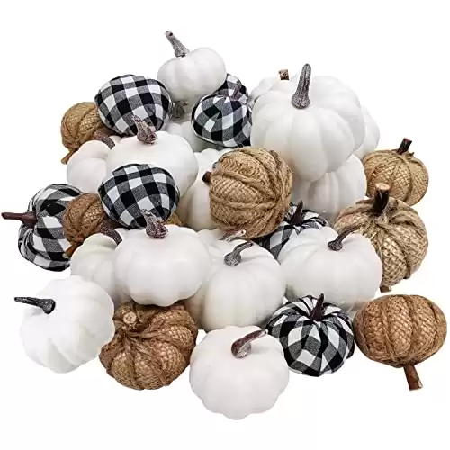 Qinsihwn 24 Pcs Artificial Pumpkins Set,White Pumpkins Burlap Pumpkins and Plaid Fabric Pumpkins,Realistic Fake Pumpkins in Different Size for Halloween Thanksgiving Party Decor