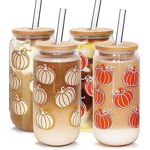 Fall Coffee Mug - Unique Autumn Decor & Iced Coffee Cup Fall Decor Pumpkin Mug with Pumpkin Decorations Thanksgiving Fall Wedding Tumbler Fall Mug Fall Cups with Bamboo Lid Glass Straw - 18oz