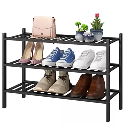 3-Tier Black Bamboo Shoe Rack for Entryway, Stackable | Foldable | Natural, Shoe Shelf Storage Organizer for Hallway Closet, Free Standing Shoe Racks for Indoor Outdoor