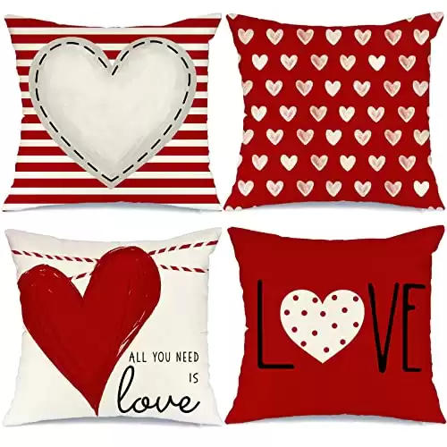 GEEORY Valentines Day Pillow Covers 18X18 inch Set of 4 for Valentines Decor Red White Stripes Dots Love Heart Valentines Day Throw Pillows Decorative Cushion Cases Valentine Decorations