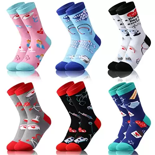 JenPen 6 Pairs Nurse Socks Gifts Funny Medical Nursing Crew Socks Novelty Doctor Gift for RN CNA Hospital Workers Med Students