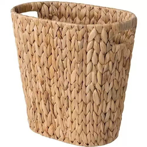 StorageWorks Wicker Waste Basket, Wicker Trash Basket with Built-in Handles, Handwoven Water Hyacinth Trash Can, Wicker Garbage Can for Bedroom, Bathroom, 1 Pack