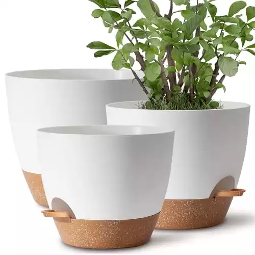 TYMENSH Plant Pots 12/10/9 inch Set of 3, Self Watering Flower Pots Indoor Outdoor, Planters with Drainage Hole Saucer Reservoir, White