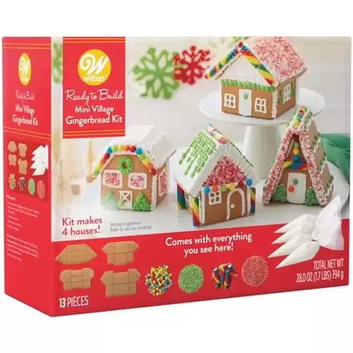 Wilton Built it Yourself Mini Village Gingerbread Decorating Kit to Make 4 Houses - Christmas Gingerbread House Kit for Adults - 13 Pieces in Total, 28OZ