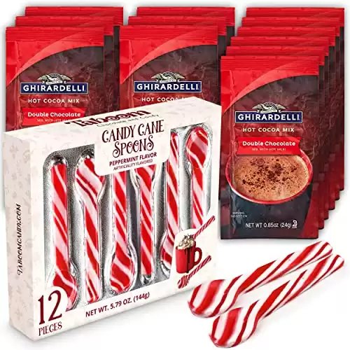 Taboom 12 Candy Cane Spoons Bundled with 12 Double Chocolate Premium Hot Cocoa Packets - Festive Energy-Boosting Hot Chocolate for Christmas