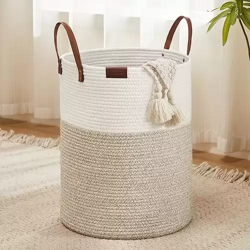 Cotton Rope Laundry Hamper by YOUDENOVA, 58L - Woven Collapsible Laundry Basket - Clothes Storage Basket for Blankets, Laundry Room Organizing, Bedroom Storage, Clothes Hamper – White & Brown