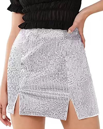 Kolagri Women Sequin Sparkle Short Skirt Zip Back High Waist Bodycon Mini Side Split Hem Petite Skirts Sliver S