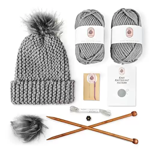 Knitting Kits for Beginners Adults Practical and Easy to Use Hat Knitting Kit with Yarn, Bamboo Knitting Needles, Faux Pom Pom Complete Beginners Knitting Kit Lovely Present for Women and Men