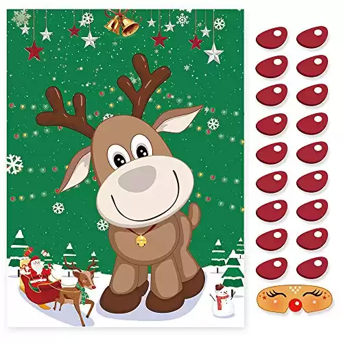 CCINEE Pin The Nose on The Reindeer Holiday Reusable Game Christmas Party Games with 36 Noses and 4 Blindfold for for Kids and Adults,