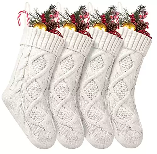4 Pack Christmas Stockings, 14 Inches Cable Knitted Stocking Gifts & Decoration for Family Holiday Xmas Party Decor, Ivory White