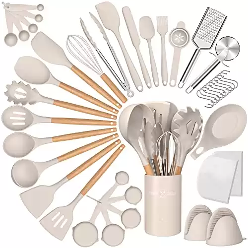 Silicone Cooking Utensils Set, 43Pcs Non-Stick Heat Resistant Kitchen Utensils Spatula Set with Wooden Handle for Baking, Cooking, and Mixing, Best Kitchen Gadgets Tools with Holder (Khaki)