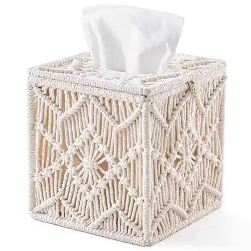 Mkono Tissue Box Cover Boho Decor Square Tissues Holder with Bead Buckle, Woven Macrame Napkin Facial Paper Organizer Home Desk Vanity Countertop Decor for Bathroom Bedroom Living Room Office, Ivory