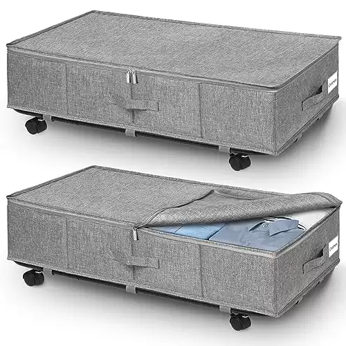 punemi Under Bed Storage With Wheels Lids 2 Pack, 8.7 inch Tall Large 50L Underbed Storage Containers W/Side & Metal Bottom Support, Clothes Storage Drawer Organizer Bin For Clothing Blanket, Grey