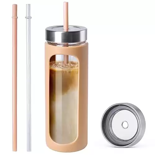 Kodrine 24 oz Glass Water Tumbler with Straw and Lid, Wide Mouth Water Bottle, Straw Silicone Protective Sleeve BPA FREE-Amber