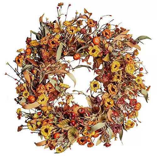 J'FLORU Artificial Fall Wreath 22 Inch Fall Wreaths for Front Door Autumn Wreath with Berries Pumpkins Maple Leaves for Wall Window Farmhouse Thanksgiving Harvest Festival Decor