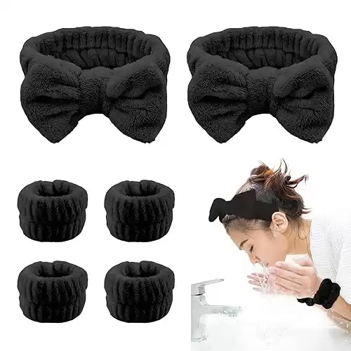 Makeup headband,spa Headband and Wristband Set,bubble Skincare Headbands with Wristbands and Hair Scrunchies Set for Skin Care Makeup Removal Shower (Black-6pcs)