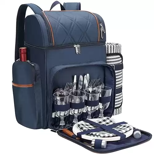 Picnic Backpack for 4,Picnic Basket Set,Leakproof Picnic Bag,Beach Cooler Backpack with Insulated Cooler Wine Pouch,Picnic Blanket, Double Deck Picnic Backpack for Beach,Camping,Park(BrushedKhaki)
