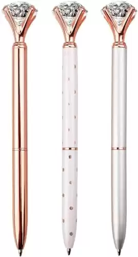 LONGKEY 3PCS Large Crystal Diamond Pen Bling Metal Ballpoint Pen Office and School, Silver/White Rose Polka Dot/Rose Gold, Including 3Pen Refills. (Rose gold)