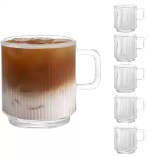 D.M DESIGN MASTER [6 PACK, 12 OZ] - Premium Glass Coffee Mugs with Handle. Transparent Tea Glasses for Hot/Cold Beverages, Perfect Design for Americano, Cappuccino, Tea and Beverage.