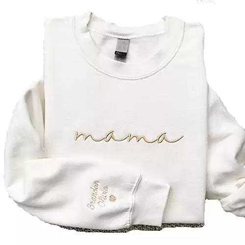 Mama Embroidered Sweatshirt - Mama Crewneck Shirt - Gift for New Mom Custom Mom Shirt with Kids Names on Sleeve - Mother's Day Gift - Any Name Embroidered - Grammy Mimi Mom Mother - FAST SHIPPING...