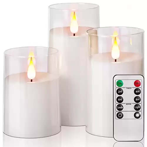 Amagic Acrylic Flameless Candles, Battery Operated Candles, Flickering LED Pillar Candles with Remote Control and Timer, Yellow and Blue Glow, Set of 3