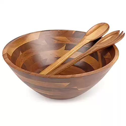 HOMEXCEL Acacia 3-Piece Wooden Salad Bowl Set, Large Wood Salad Bowl with Server,Big Wood Serving Bowl for Fruits, Salad, Cereal or Past