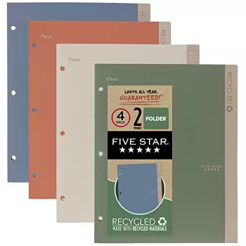 Five Star 2 Pocket Folders, 4 Pack, Recycled Plastic Folders with Stay-Put Tabs and Prong Fasteners, Fits 3-Ring Binder, Holds 11 x 8-1/2 Paper, Writable Label, Clay, Green, Blue, Gray (33002)