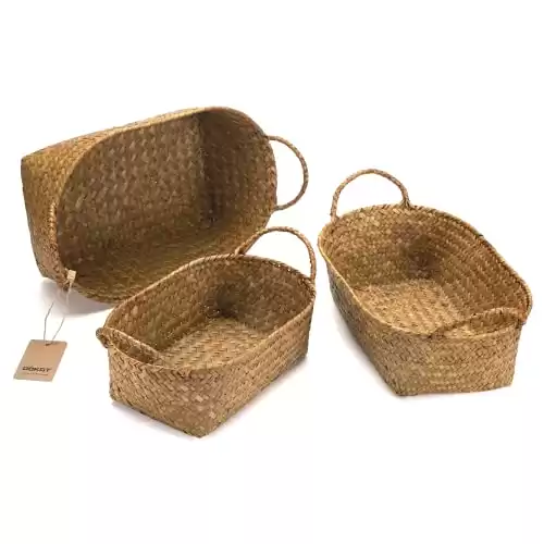 DOKOT Woven Baskets For Storage, Rattan Baskets With Handles For Kitchen, Wicker Baskets For Storage Organizer, Small Baskets for Fruits, Seagrass Baskets Set of 3