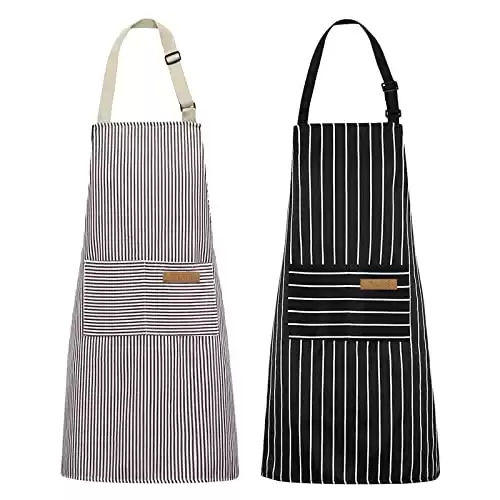 NLUS 2 Pack Kitchen Cooking Aprons, Adjustable Bib Soft Chef Apron with 2 Pockets for Men Women(Black/Brown Stripes)