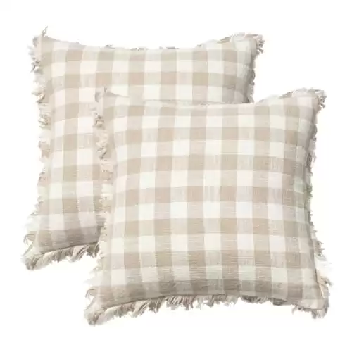 STITCH N STRING Set of 2 Farmhouse Cotton Linen Boho Gingham Fringe Checkered Plaid Throw Pillow Covers 18x18 Inch Outdoor Couch Bed Summer Spring July Decor Gifts for Her (Beige)